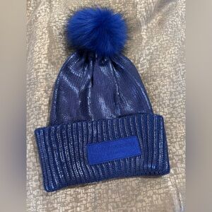 Kurt Geiger Blue Metallic Knit Hat with Pom Pom